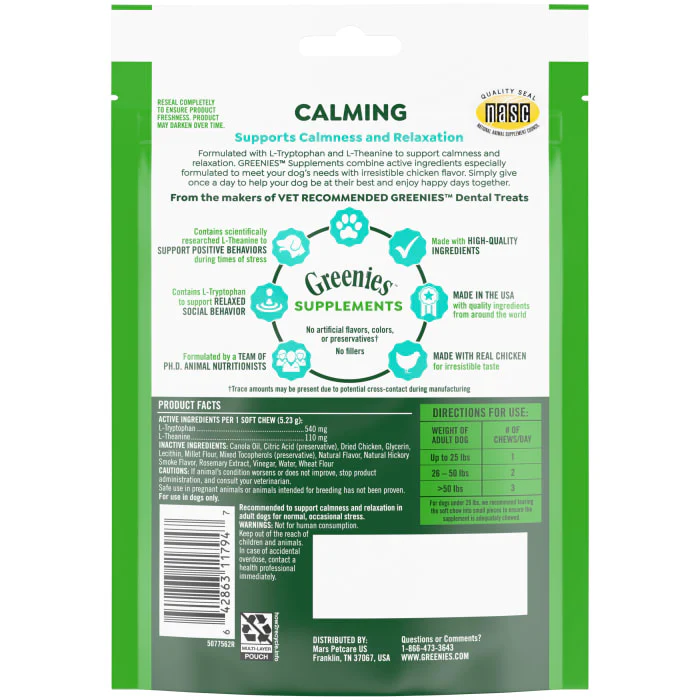 Greenies Supplements Calming Chews for Dogs Chicken Flavor, 7.3 oz. Container of 40 ct. Soft Chews - Image 3